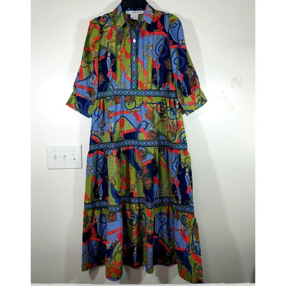 Gretchen Scott Damsel Midi Dress Ditto Print Olive Tiered Style Button Front - Picture 1 of 8